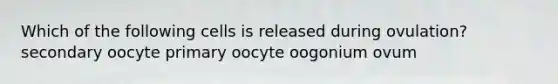 Which of the following cells is released during ovulation? secondary oocyte primary oocyte oogonium ovum