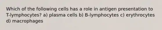 Which of the following cells has a role in antigen presentation to T-lymphocytes? a) plasma cells b) B-lymphocytes c) erythrocytes d) macrophages