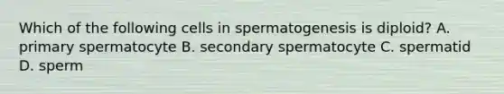 Which of the following cells in spermatogenesis is diploid? A. primary spermatocyte B. secondary spermatocyte C. spermatid D. sperm