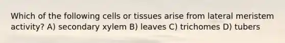 Which of the following cells or tissues arise from lateral meristem activity? A) secondary xylem B) leaves C) trichomes D) tubers