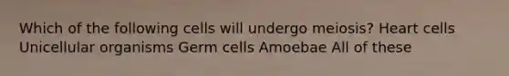 Which of the following cells will undergo meiosis? Heart cells Unicellular organisms Germ cells Amoebae All of these