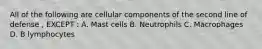 All of the following are cellular components of the second line of defense , EXCEPT : A. Mast cells B. Neutrophils C. Macrophages D. B lymphocytes