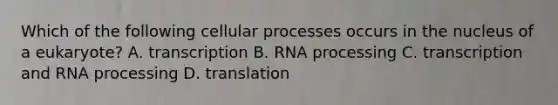 Which of the following cellular processes occurs in the nucleus of a eukaryote? A. transcription B. RNA processing C. transcription and RNA processing D. translation