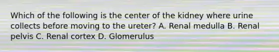 Which of the following is the center of the kidney where urine collects before moving to the ureter? A. Renal medulla B. Renal pelvis C. Renal cortex D. Glomerulus