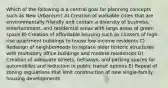 Which of the following is a central goal for planning concepts such as New Urbanism? A) Creation of walkable cities that are environmentally friendly and contain a diversity of business, entertainment, and residential areas with large areas of green space B) Creation of affordable housing such as clusters of high-rise apartment buildings to house low-income residents C) Redesign of neighborhoods to replace older historic structures with multistory office buildings and modern residences D) Creation of adequate streets, beltways, and parking spaces for automobiles and reduction in public transit options E) Repeal of zoning regulations that limit construction of new single-family housing developments