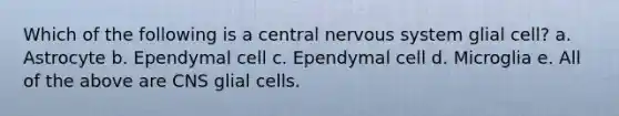 Which of the following is a central nervous system glial cell? a. Astrocyte b. Ependymal cell c. Ependymal cell d. Microglia e. All of the above are CNS glial cells.