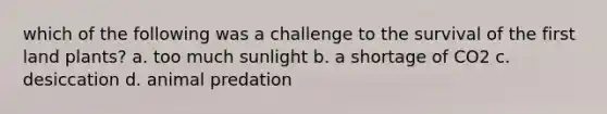 which of the following was a challenge to the survival of the first land plants? a. too much sunlight b. a shortage of CO2 c. desiccation d. animal predation