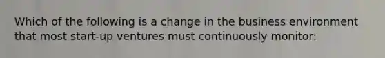 Which of the following is a change in the business environment that most start-up ventures must continuously monitor: