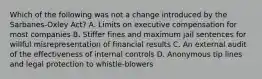 Which of the following was not a change introduced by the Sarbanes-Oxley Act? A. Limits on executive compensation for most companies B. Stiffer fines and maximum jail sentences for willful misrepresentation of financial results C. An external audit of the effectiveness of internal controls D. Anonymous tip lines and legal protection to whistle-blowers