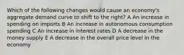 Which of the following changes would cause an economy's aggregate demand curve to shift to the right? A An increase in spending on imports B An increase in autonomous consumption spending C An increase in interest rates D A decrease in the money supply E A decrease in the overall price level in the economy