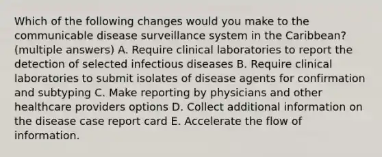 Which of the following changes would you make to the communicable disease surveillance system in the Caribbean? (multiple answers) A. Require clinical laboratories to report the detection of selected infectious diseases B. Require clinical laboratories to submit isolates of disease agents for confirmation and subtyping C. Make reporting by physicians and other healthcare providers options D. Collect additional information on the disease case report card E. Accelerate the flow of information.