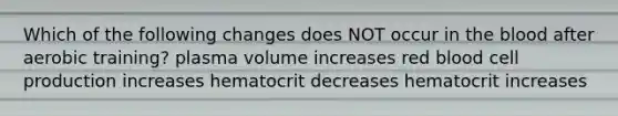 Which of the following changes does NOT occur in the blood after aerobic training? plasma volume increases red blood cell production increases hematocrit decreases hematocrit increases