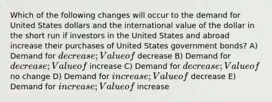 Which of the following changes will occur to the demand for United States dollars and the international value of the dollar in the short run if investors in the United States and abroad increase their purchases of United States government bonds? A) Demand for decrease; Value of decrease B) Demand for decrease; Value of increase C) Demand for decrease; Value of no change D) Demand for increase; Value of decrease E) Demand for increase; Value of increase