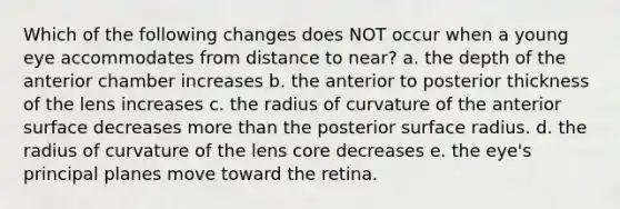 Which of the following changes does NOT occur when a young eye accommodates from distance to near? a. the depth of the anterior chamber increases b. the anterior to posterior thickness of the lens increases c. the radius of curvature of the anterior surface decreases <a href='https://www.questionai.com/knowledge/keWHlEPx42-more-than' class='anchor-knowledge'>more than</a> the posterior surface radius. d. the radius of curvature of the lens core decreases e. the eye's principal planes move toward the retina.