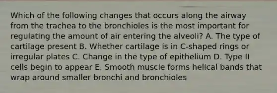 Which of the following changes that occurs along the airway from the trachea to the bronchioles is the most important for regulating the amount of air entering the alveoli? A. The type of cartilage present B. Whether cartilage is in C-shaped rings or irregular plates C. Change in the type of epithelium D. Type II cells begin to appear E. Smooth muscle forms helical bands that wrap around smaller bronchi and bronchioles