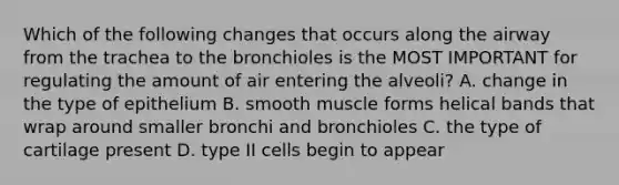 Which of the following changes that occurs along the airway from the trachea to the bronchioles is the MOST IMPORTANT for regulating the amount of air entering the alveoli? A. change in the type of epithelium B. smooth muscle forms helical bands that wrap around smaller bronchi and bronchioles C. the type of cartilage present D. type II cells begin to appear