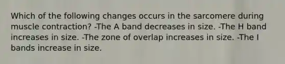 Which of the following changes occurs in the sarcomere during muscle contraction? -The A band decreases in size. -The H band increases in size. -The zone of overlap increases in size. -The I bands increase in size.