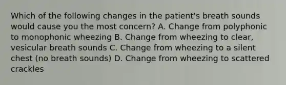 Which of the following changes in the patient's breath sounds would cause you the most concern? A. Change from polyphonic to monophonic wheezing B. Change from wheezing to clear, vesicular breath sounds C. Change from wheezing to a silent chest (no breath sounds) D. Change from wheezing to scattered crackles