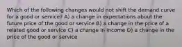 Which of the following changes would not shift the demand curve for a good or service? A) a change in expectations about the future price of the good or service B) a change in the price of a related good or service C) a change in income D) a change in the price of the good or service