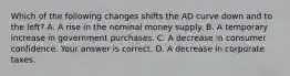 Which of the following changes shifts the AD curve down and to the​ left? A. A rise in the nominal money supply. B. A temporary increase in government purchases. C. A decrease in consumer confidence. Your answer is correct. D. A decrease in corporate taxes.