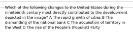 Which of the following changes to the United States during the nineteenth century most directly contributed to the development depicted in the image? A The rapid growth of cities B The dismantling of the national bank C The acquisition of territory in the West D The rise of the People's (Populist) Party