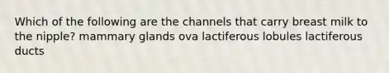 Which of the following are the channels that carry breast milk to the nipple? mammary glands ova lactiferous lobules lactiferous ducts