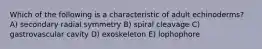 Which of the following is a characteristic of adult echinoderms? A) secondary radial symmetry B) spiral cleavage C) gastrovascular cavity D) exoskeleton E) lophophore