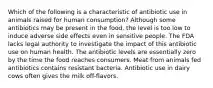 Which of the following is a characteristic of antibiotic use in animals raised for human consumption? Although some antibiotics may be present in the food, the level is too low to induce adverse side effects even in sensitive people. The FDA lacks legal authority to investigate the impact of this antibiotic use on human health. The antibiotic levels are essentially zero by the time the food reaches consumers. Meat from animals fed antibiotics contains resistant bacteria. Antibiotic use in dairy cows often gives the milk off-flavors.