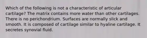 Which of the following is not a characteristic of articular cartilage? The matrix contains more water than other cartilages. There is no perichondrium. Surfaces are normally slick and smooth. It is composed of cartilage similar to hyaline cartilage. It secretes synovial fluid.