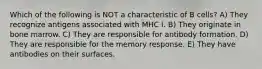 Which of the following is NOT a characteristic of B cells? A) They recognize antigens associated with MHC I. B) They originate in bone marrow. C) They are responsible for antibody formation. D) They are responsible for the memory response. E) They have antibodies on their surfaces.