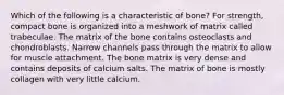 Which of the following is a characteristic of bone? For strength, compact bone is organized into a meshwork of matrix called trabeculae. The matrix of the bone contains osteoclasts and chondroblasts. Narrow channels pass through the matrix to allow for muscle attachment. The bone matrix is very dense and contains deposits of calcium salts. The matrix of bone is mostly collagen with very little calcium.