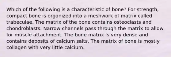 Which of the following is a characteristic of bone? For strength, compact bone is organized into a meshwork of matrix called trabeculae. The matrix of the bone contains osteoclasts and chondroblasts. Narrow channels pass through the matrix to allow for muscle attachment. The bone matrix is very dense and contains deposits of calcium salts. The matrix of bone is mostly collagen with very little calcium.