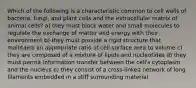 Which of the following is a characteristic common to cell walls of bacteria, fungi, and plant cells and the extracellular matrix of animal cells? a) they must block water and small molecules to regulate the exchange of matter and energy with their environment b) they must provide a rigid structure that maintains an appropriate ratio of cell surface area to volume c) they are composed of a mixture of lipids and nucleotides d) they must permit information transfer between the cell's cytoplasm and the nucleus e) they consist of a cross-linked network of long filaments embedded in a stiff surrounding material