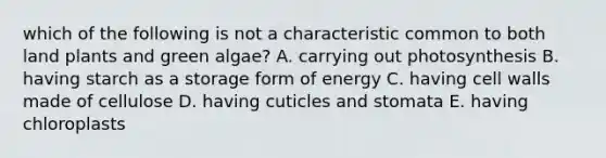 which of the following is not a characteristic common to both land plants and green algae? A. carrying out photosynthesis B. having starch as a storage form of energy C. having cell walls made of cellulose D. having cuticles and stomata E. having chloroplasts