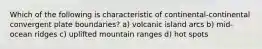 Which of the following is characteristic of continental-continental convergent plate boundaries? a) volcanic island arcs b) mid-ocean ridges c) uplifted mountain ranges d) hot spots