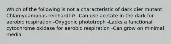 Which of the following is not a characteristic of dark-dier mutant Chlamydamonas reinhardtii? -Can use acetate in the dark for aerobic respiration -Oxygenic phototroph -Lacks a functional cytochrome oxidase for aerobic respiration -Can grow on minimal media