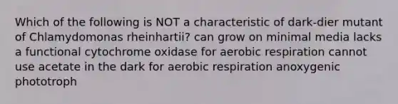 Which of the following is NOT a characteristic of dark-dier mutant of Chlamydomonas rheinhartii? can grow on minimal media lacks a functional cytochrome oxidase for aerobic respiration cannot use acetate in the dark for aerobic respiration anoxygenic phototroph