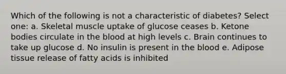 Which of the following is not a characteristic of diabetes? Select one: a. Skeletal muscle uptake of glucose ceases b. Ketone bodies circulate in the blood at high levels c. Brain continues to take up glucose d. No insulin is present in the blood e. Adipose tissue release of fatty acids is inhibited