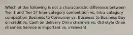 Which of the following is not a characteristic difference between Tier 1 and Tier 5? Inter-category competition vs. Intra-category competition Business to Consumer vs. Business to Business Buy on credit vs. Cash on delivery Omni channels vs. Old-style Omni channels Service is important vs. irrelevant