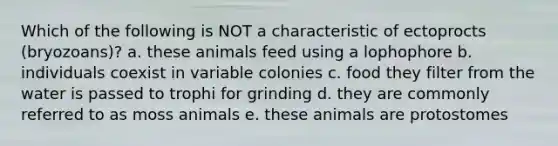 Which of the following is NOT a characteristic of ectoprocts (bryozoans)? a. these animals feed using a lophophore b. individuals coexist in variable colonies c. food they filter from the water is passed to trophi for grinding d. they are commonly referred to as moss animals e. these animals are protostomes