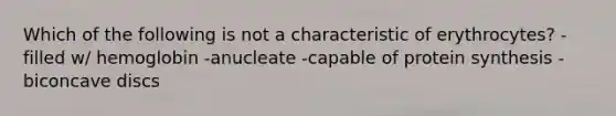 Which of the following is not a characteristic of erythrocytes? -filled w/ hemoglobin -anucleate -capable of protein synthesis -biconcave discs