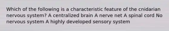 Which of the following is a characteristic feature of the cnidarian nervous system? A centralized brain A nerve net A spinal cord No nervous system A highly developed sensory system