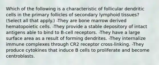 Which of the following is a characteristic of follicular dendritic cells in the primary follicles of secondary lymphoid tissues? (Select all that apply.) -They are bone marrow derived hematopoietic cells. -They provide a stable depository of intact antigens able to bind to B-cell receptors. -They have a large surface area as a result of forming dendrites. -They internalize immune complexes through CR2 receptor cross-linking. -They produce cytokines that induce B cells to proliferate and become centroblasts.