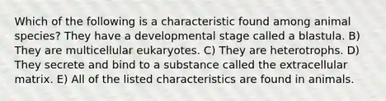 Which of the following is a characteristic found among animal species? They have a developmental stage called a blastula. B) They are multicellular eukaryotes. C) They are heterotrophs. D) They secrete and bind to a substance called the extracellular matrix. E) All of the listed characteristics are found in animals.