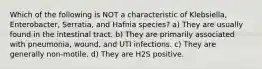 Which of the following is NOT a characteristic of Klebsiella, Enterobacter, Serratia, and Hafnia species? a) They are usually found in the intestinal tract. b) They are primarily associated with pneumonia, wound, and UTI infections. c) They are generally non-motile. d) They are H2S positive.