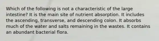 Which of the following is not a characteristic of the large intestine? It is the main site of nutrient absorption. It includes the ascending, transverse, and descending colon. It absorbs much of the water and salts remaining in the wastes. It contains an abundant bacterial flora.