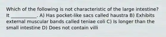 Which of the following is not characteristic of the large intestine? It ___________. A) Has pocket-like sacs called haustra B) Exhibits external muscular bands called teniae coli C) Is longer than the small intestine D) Does not contain villi