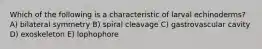 Which of the following is a characteristic of larval echinoderms? A) bilateral symmetry B) spiral cleavage C) gastrovascular cavity D) exoskeleton E) lophophore