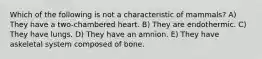 Which of the following is not a characteristic of mammals? A) They have a two-chambered heart. B) They are endothermic. C) They have lungs. D) They have an amnion. E) They have askeletal system composed of bone.