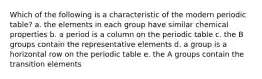 Which of the following is a characteristic of the modern periodic table? a. the elements in each group have similar chemical properties b. a period is a column on the periodic table c. the B groups contain the representative elements d. a group is a horizontal row on the periodic table e. the A groups contain the transition elements